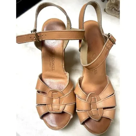 Vintage Cherokee Sandals Rubber Wedge Heel 1960-1970 Tan Orange Leather Size 7 - Picture 11 of 11